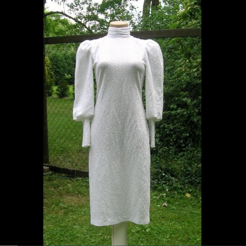 White Lace Pattern DRESS Victorian Romantic Party Wedding Sleeve Stretch M 8